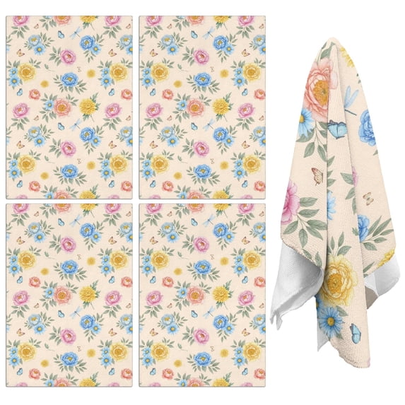 4 Pcs Pioneer Flower Floral Print Pattern Funny Kitchen Towels, Microfiber Dish Towels, Kitchen Tea Towels Set 18" X 26"