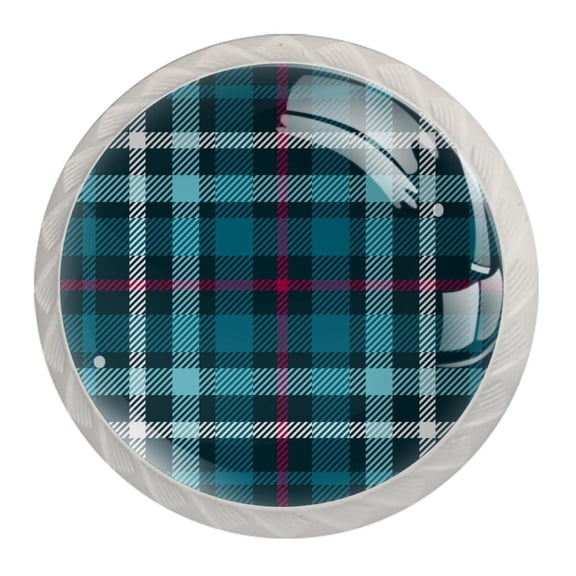 4 Pcs Plaid Check Pattern Teal Knobs for Kitchen Cabinet Cupboard Dresser Bookcase Drawer Pulls Handles Round Home Decor