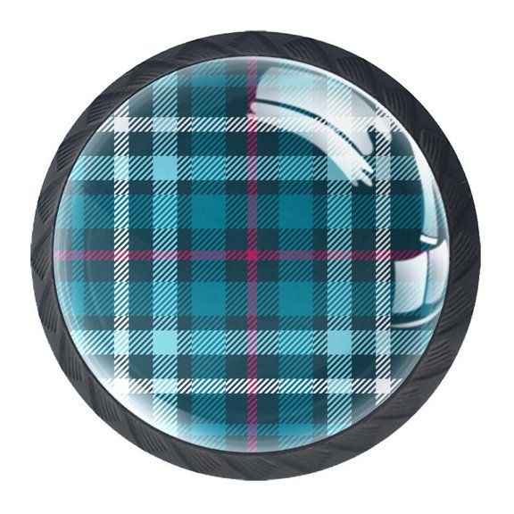 4 Pcs Plaid Check Pattern Teal Knobs for Kitchen Cabinet Cupboard Dresser Bookcase Drawer Pulls Handles Round Home Decor