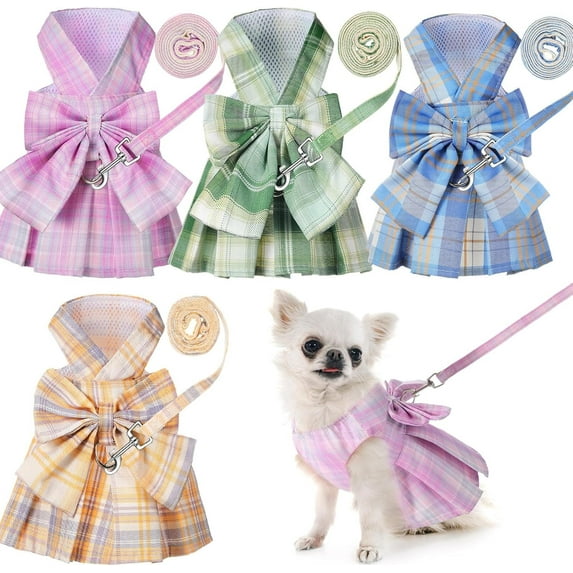 4 Pcs Plaid Dog Dress Bow Tie Harness Leash Set Harness Dress for Small Dogs Cute Dog Pet Girl Puppy Summer Clothes for Female Summer Bunny Rabbit Clothes Yorkie Chihuahua Training Walking
