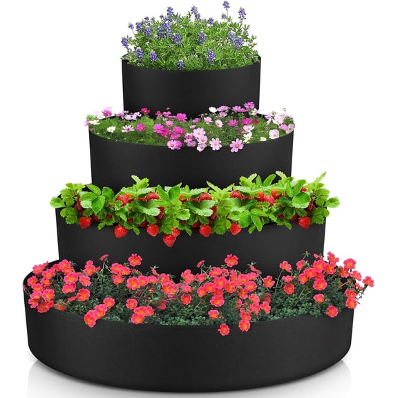 4 Pcs Plant Grow Bags 4 Tiered Strawberry Planter Tower Fabric Raised Garden Beds, 39 Inch Nonwoven Strawberry Pyramid Planter for Vegetables Flower Herbs Gardening Outdoor Growing (Black)