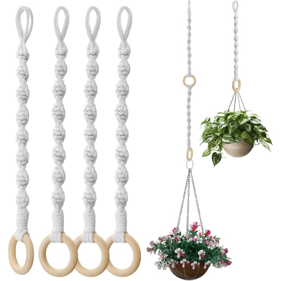 4 Pcs Plant Pot Hanging Basket Extender Macrame Plant Hangers Strap Adjustable Cotton Rope Flower Pot Holder Hanging Basket Extension with Wooden Ring for Indoor Outdoor Plant Pots