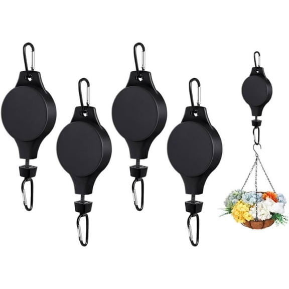 4 Pcs Plant Pulley Retractable Hanger,Easy Reach Plant Pulley Adjustable Height Wheel, Hanging Flower Basket-Hook for Indoors Garden Flower Basket Pot Bird Feeder (Black)