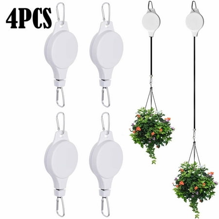 4 Pcs Plant Pulley Retractable Hanger, Easy Reach Plant Pulley Adjustable Height Wheel for Hanging Plants Heavy Duty Plant Hanger for Garden Baskets Pots & Birds Feeder - White