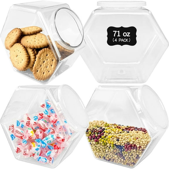 4 Pcs Plastic Candy Jars,71 Oz Clear Plastic Cookie Jars,Hexagonal Candy Containers with Lids for Kitchen,Dry Food,Candy,Dog Food,Cookies,Coffee Pod,Laundry Pod