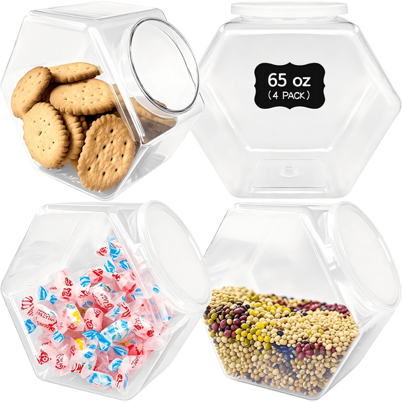 4 Pcs Plastic Candy Jars,Clear Plastic Cookie Jars,Hexagonal Candy Containers with Lids for Kitchen,Dry Food,Candy,Dog Food,Cookies,Coffee Pod,Laundry Pod