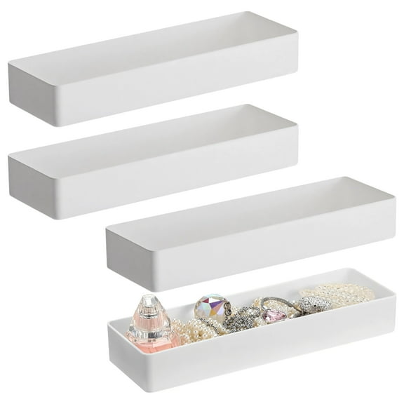 4 Pcs Plastic Drawer Organizers, Large White Cosmetic and Office Organizer Trays, Stackable Storage Boxes, Ideal for Desk, Bathroom, Kitchen, and Office Organization