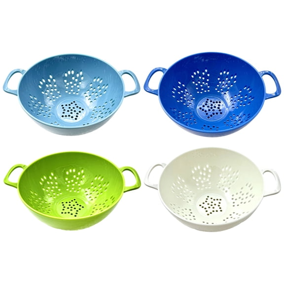 4 Pack Quick Drain Kitchen Colanders - Plastic Dual Handle Strainers for Fruits, Veggies | Multi-Purpose for Food Washing and Storage - Dark Blue, Green, Light Blue, White