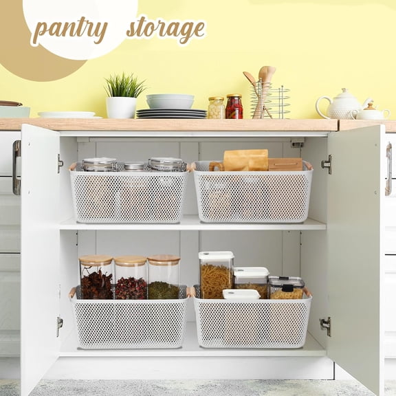 4 Pcs Plastic Mesh Baskets with Handles - Mesh Storage Organizer Bin Container Baskets for Home Organizing Pantry Closet Cabinet Kitchen Fridge Fruit Snacks Gifts, Grey (Large)
