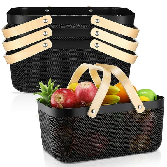 3 Pcs Plastic Mesh Garden Harvest Basket Storage Mesh Basket with Wooden Handle Multi Functional Mesh Basket for Kitchen Cabinet Picnic Fruit Vegetable Gathering Organizer (Black, Large)