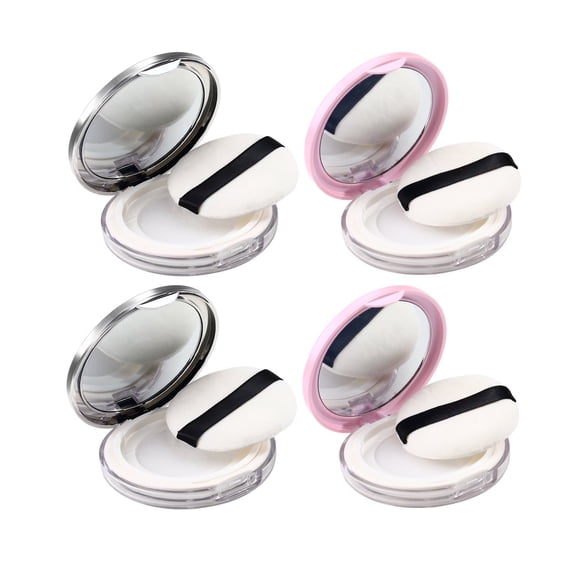 4 Pcs Plastic Refillable Loose Powder Container with Puff, Spoon and Net Sifter, Portable Travel Empty Powder Container, 3 ml/0.1 oz Loose Powder Compact (Sliver&Pink)