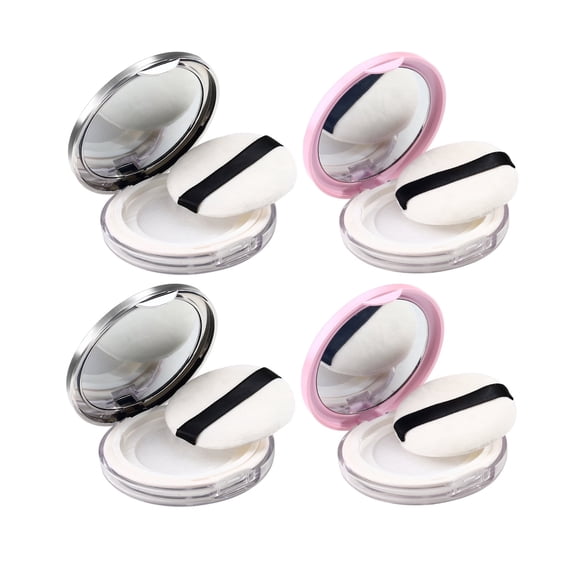 4 Pcs Plastic Refillable Loose Powder Container with Puff and Net Sifter, Portable Travel Empty Powder Container, 3 ml/0.1 oz Loose Powder Compact (Sliver&Pink)