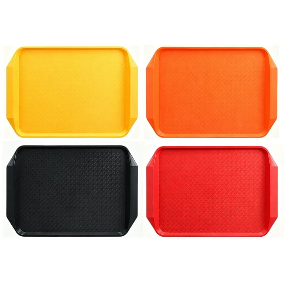 4 Pcs Plastic Serving Trays 16.9 in, Non-Slip Grilling Prep And Serve Trays, Rectangular Fast Food Serving Tray with Handles, Reusable Restaurant Trays, Black Red Yellow Orange