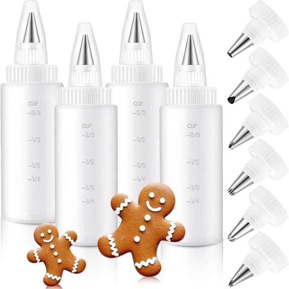 4 Pcs Plastic Squeeze Bottles with 6 Different Piping Tips for Cookie Icing Piping Kit Pancake Decorating (4 Oz)