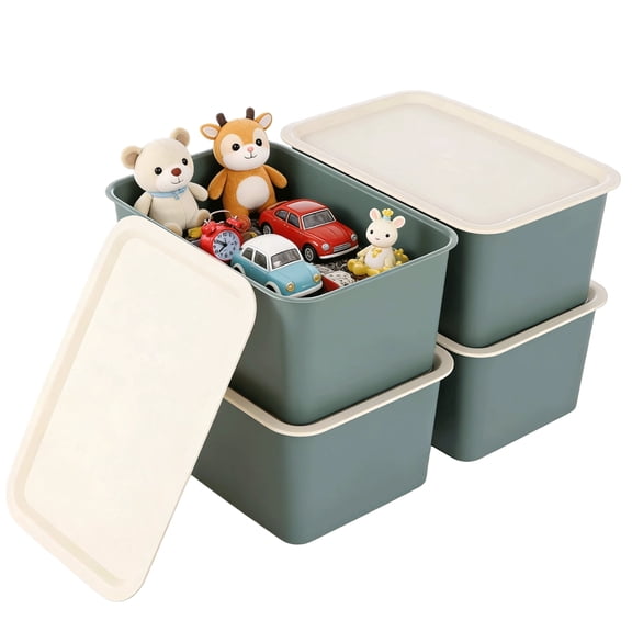 4 Pcs Plastic Storage Bins with Lids, Dust-Proof Small Storage Baskets, Stackable Storage Boxes for Organizing Desktop, Closet, Shelves, 10.6 x 7.5 x 4.3 in