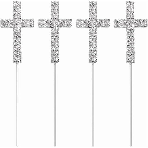 4 Pcs Platinum Rhinestone Cake Topper 4.9inch Long Cake Topper Alloy Rhinestone Birthday Cakes Insert for Religious Wedding Christening Decoration Metal Platinum