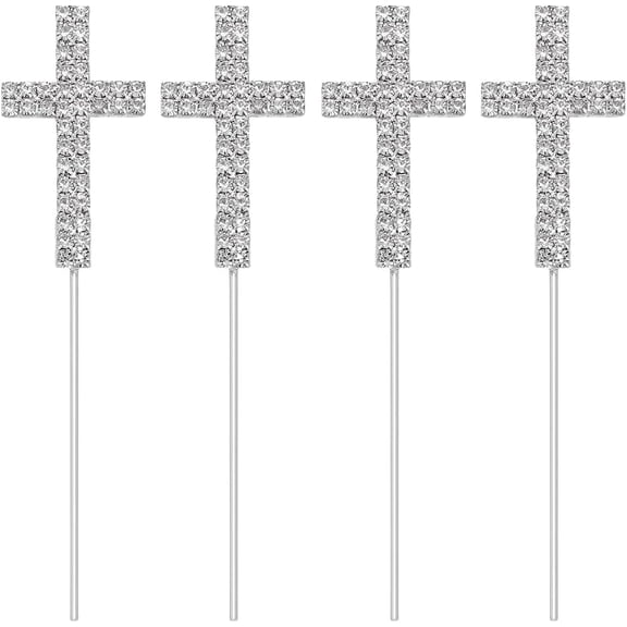 4 Pcs Platinum Rhinestone Cake Topper 4.9inch Long Cake Topper Alloy Rhinestone Birthday Cakes Insert for Religious Wedding Christening Decoration
