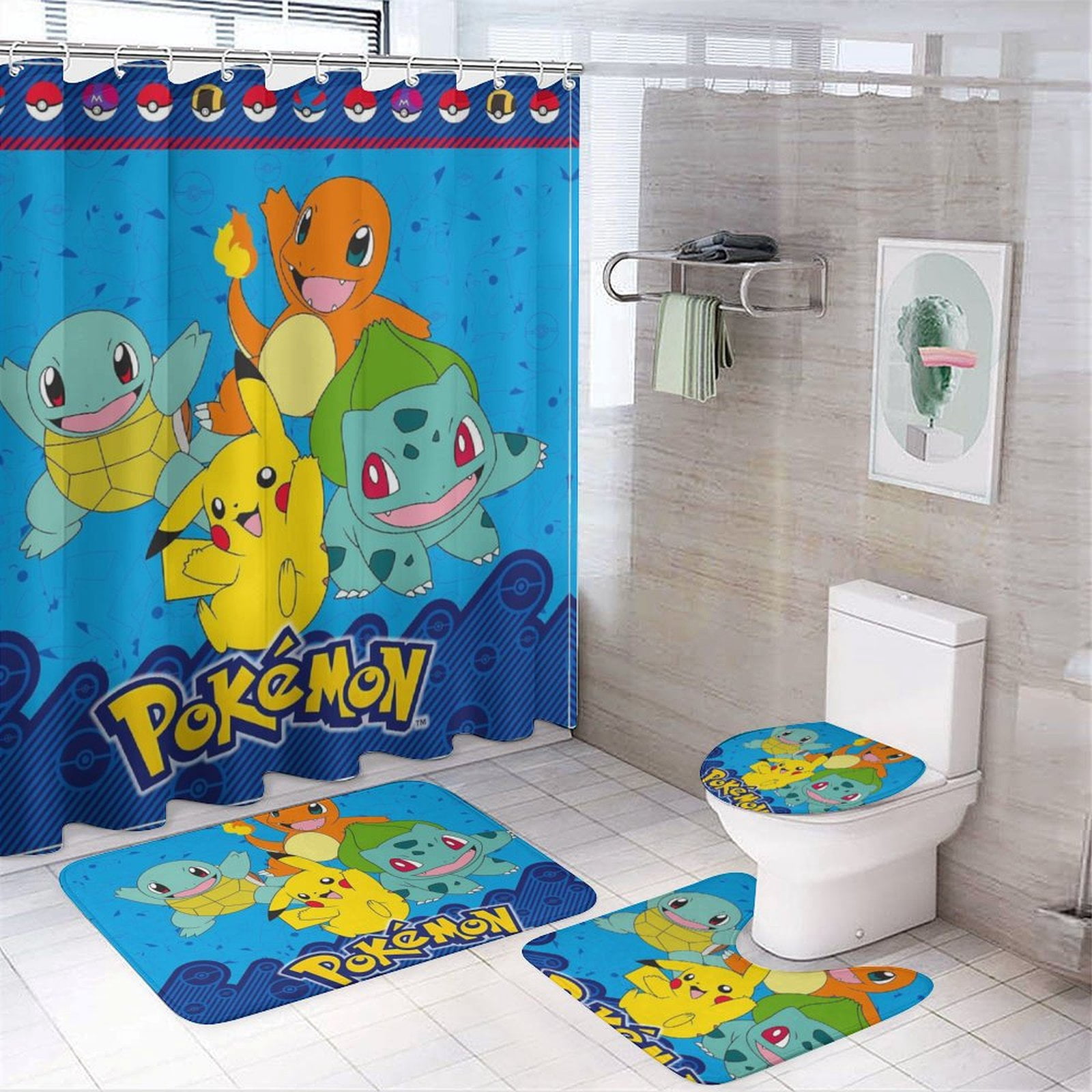 4 Pcs Pokemo-n Bathroom Set with Shower Curtain with Non-Slip Rugs, Toilet Lid Cover And Non-Slip U Shape Bath Mat, Bathroom Decoration with 12 Hooks 72 X 72 Inches