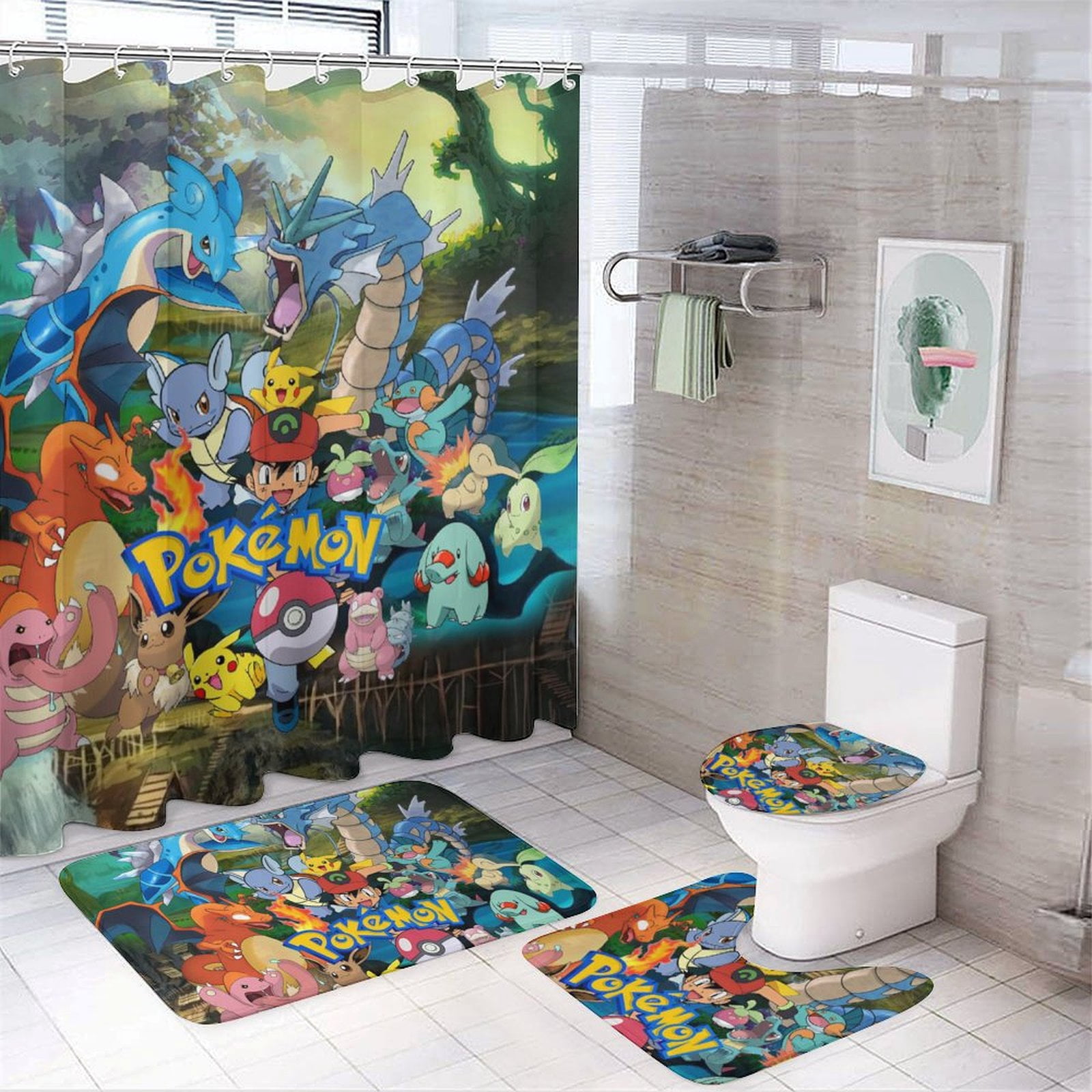 4 Pcs Pokemon Shower Curtain Set, Anime Shower Curtain with 12 Hooks, Non-Slip Rugs, Toilet Lid ...