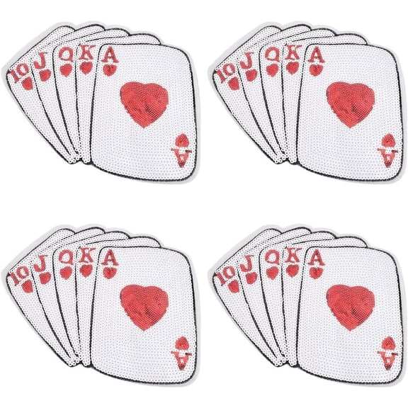 4 Pcs Poker Playing Card Sequin Patches Red & White Poker 10 J Q K A Patch Paillette Sew/Iron on Patch Computerized Embroidery Applique Glitter Clothing Repair Patch