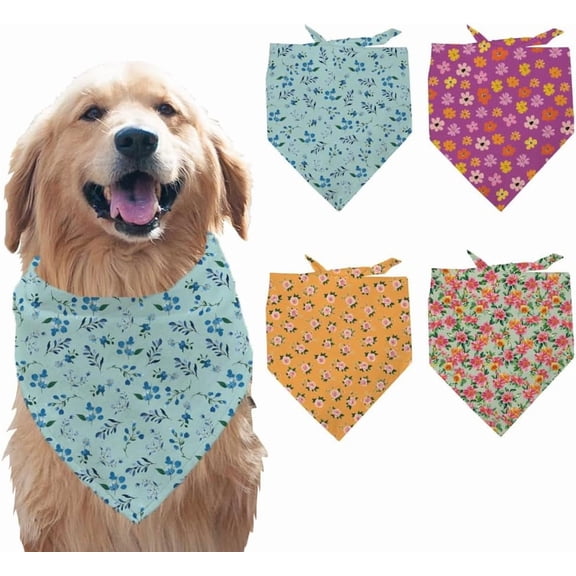 4 Pcs Polyester Pet Bandana Botanical Flower Pattern Dog Scarf Washable Triangle Fabric Pet Bandana