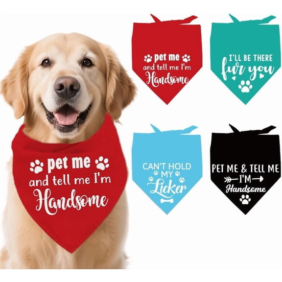4 Pcs Polyester Pet Bandanas Pet Me and Tell Me I'm Handsome Dog Scarf Washable Triangle Fabric Bandanas for Small Medium Large Cat and Dog Clothing Accessories 26.7x18.9 Inch Colorful