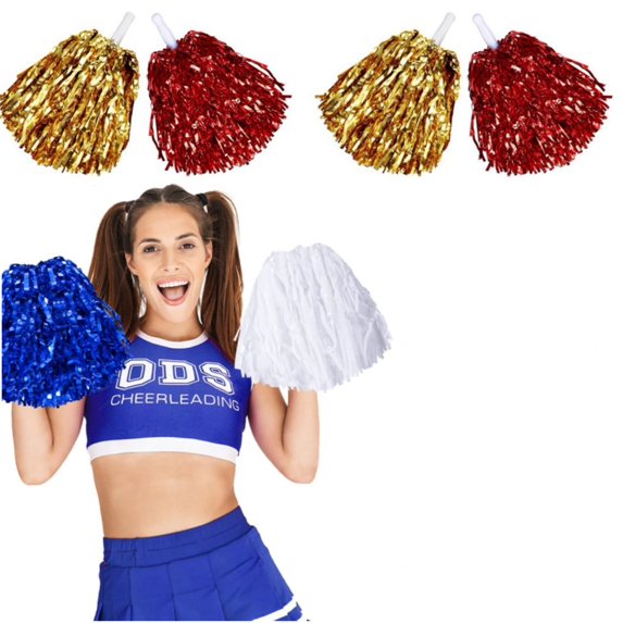 4 Pcs Pom Poms Cheerleading 30 Grams Spirited Fun Pom Poms Cheer Metallic Foil Handle Cheerleading Poms Cheer Squad Team for Party, Sports Dance Cheer (Gold, Red)