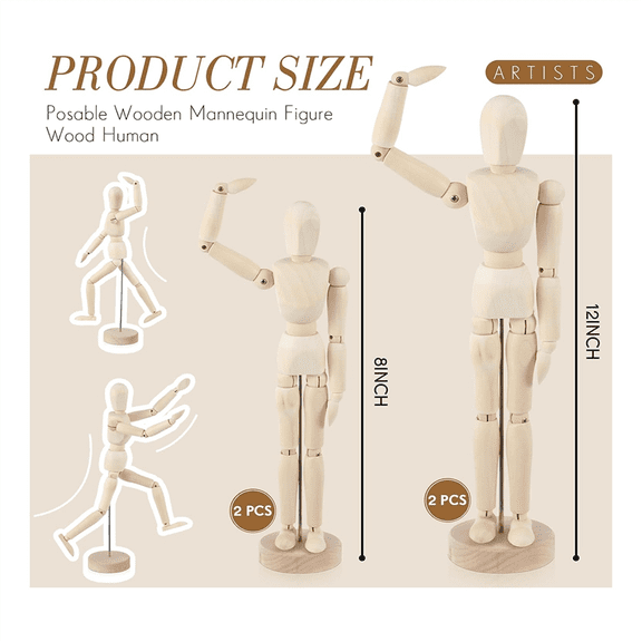 4 Pcs Posable Wooden Mannequin Figure Wood Human Model Drawing Figure for Sketching Painting Christmas Desk Decor
