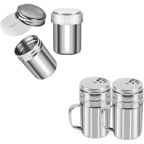 4 Pcs Powder Sugar Salt Pepper Shakers Handle Stainless Steel Cocoa Flour
