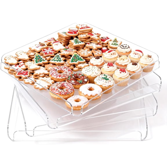 4 Pcs Premium Acrylic Serving Trays for Party, 12 x 12 Heavy Duty Clear Serving Platters and Trays for Food Cupcake Dessert Cookie Bakery Snack Charolas para Postres for Buffet Table