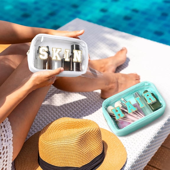 4 Pcs Preppy Makeup Bags with Chenille Letters, Glitter Zipper Cosmetic Pouch for Women, Birthday Gifts