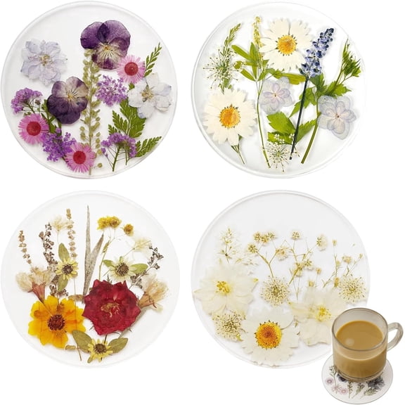 4 Pcs Pressed Flower Coasters Tutuviw Handmade Natural Flowers Resin Coasters Clear Round Outdoor Coasters for Wedding Birthday Home Table Decor Wildflowers Art