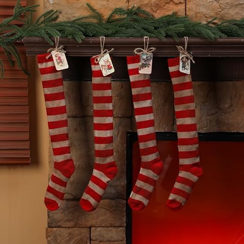 4 Pcs Primitive Christmas Stockings Rustic Red and White Striped Stockings with Vintage Tag Retro Antique Grungy Stained Hanging Decorations for Xmas Tree Home Party Fireplace