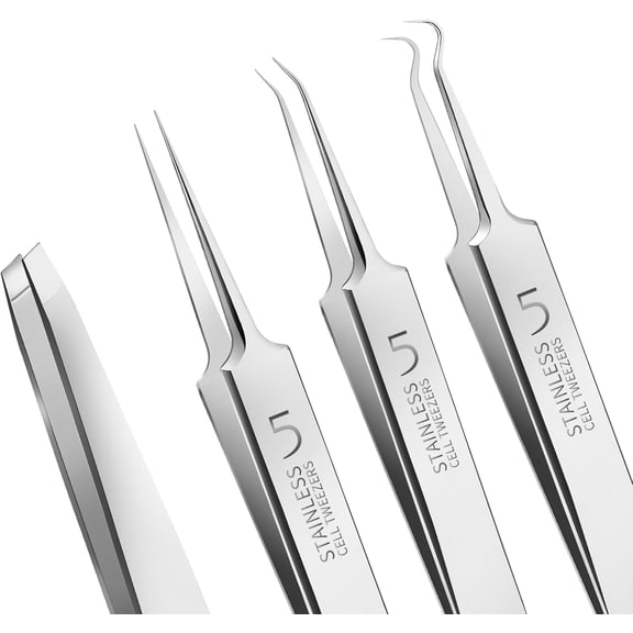 4 Pcs Professional Blackhead Tweezers and Pimple Popper Tool Kit, Stainless Steel Cell Tweezers for Blackhead, Pimple, Whitehead, Ance