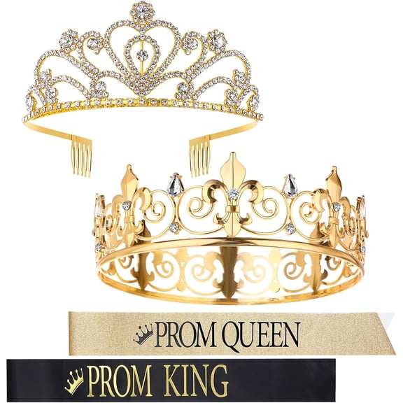 4 Pcs Prom King and Queen Crowns with Sashes Set King Crowns for Men Shiny Satin Sash Rhinestone Crystal Crown Tiara for Women King Queen Tiara Sash for Wedding Birthday Party Graduation Halloween