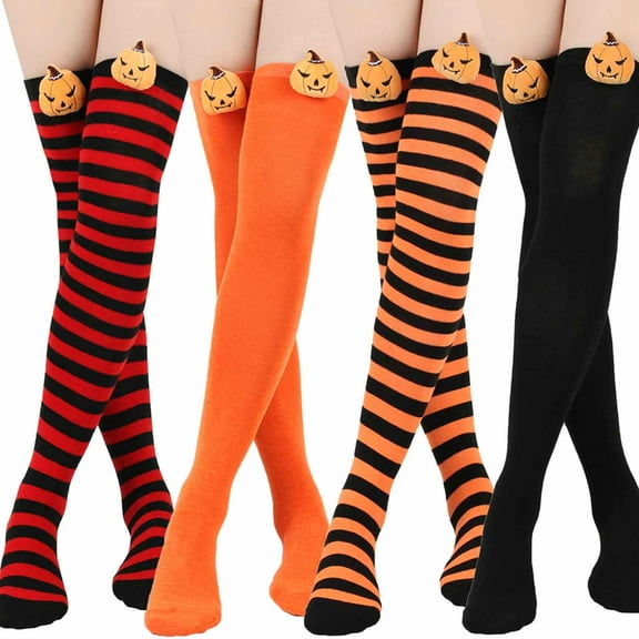 4 Pcs Pumpkin Devil Halloween Socks, Knee Over Socks, Striped Long Socks, Polyester Cotton