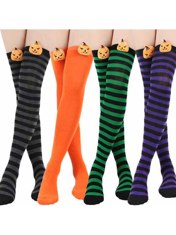 4 Pcs Pumpkin Devil Halloween Socks, Knee Over Socks, Striped Long Socks, Polyester Cotton