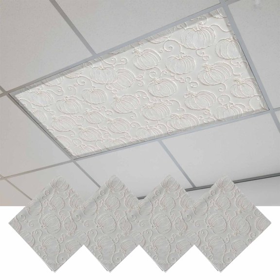 4 Pcs Pumpkin Motifs Fluorescent Light Covers Damask Pumpkin Leaf Embossed Texture Beige Magnetic Light Covers for Ceiling Lights 4 x 2 ft Drop Ceiling Lights Cover Shade for Office, Home, Hospital