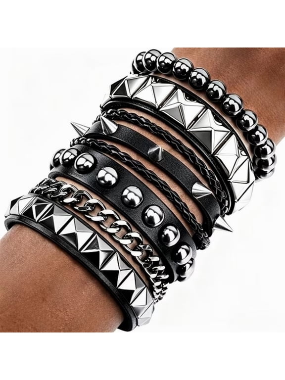 4 Pcs Punk Rock Leather Studded Bracelets for Men Women 80s Gothic Spike Cuff Bracelet Set Emo Accessories