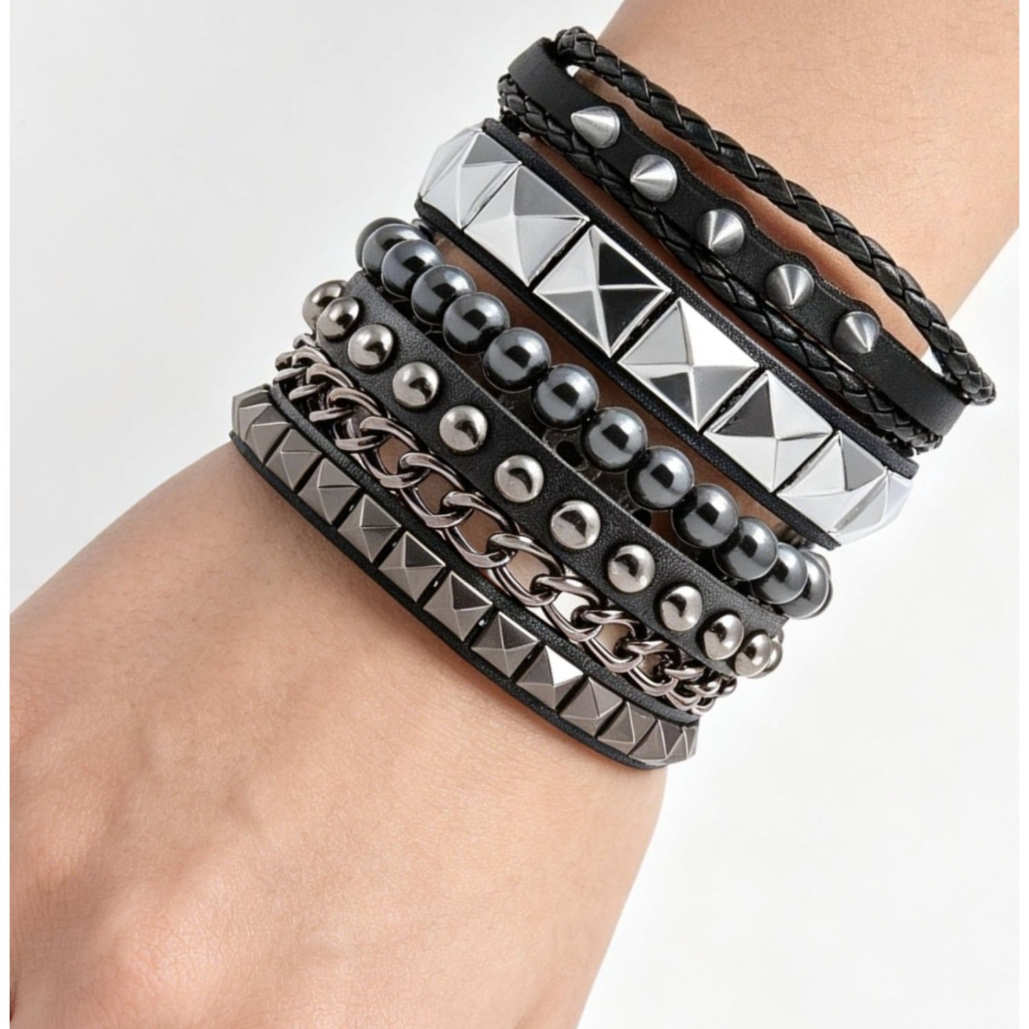 4 Pcs Punk Rock Leather Studded Bracelets for Men Women 80s Gothic
