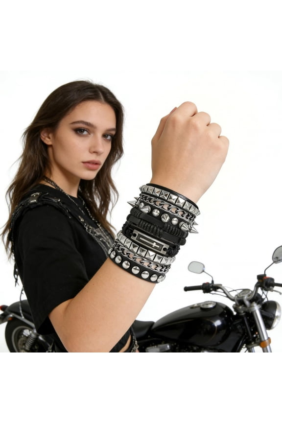 4 Pcs Punk Rock Leather Studded Bracelets for Men Women 80s Gothic Spike Cuff Bracelet Set Emo Accessories for Rocker Outfits