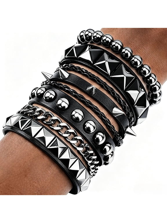 4 Pcs Punk Rock Leather Studded Bracelets for Men Women 80s Gothic Spike Cuff Bracelet Set Emo Accessories