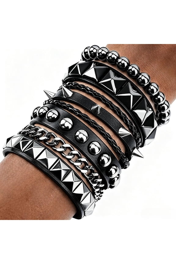 4 Pcs Punk Rock Leather Studded Bracelets for Men Women 80s Gothic Spike Cuff Bracelet Set Emo Accessories