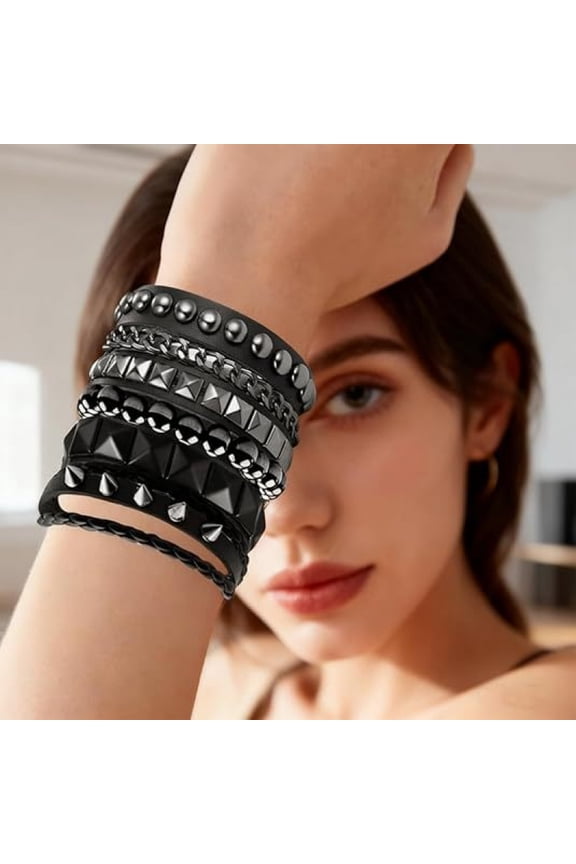 4 Pcs Punk Rock Leather Studded Bracelets for Men Women 80s Gothic Spike Cuff Bracelet Set Emo Accessories for Rocker Outfits