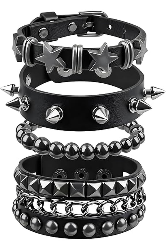 4 Pcs Punk Rock Studded Bracelet Set, Adjustable Faux Leather Spiked Bracelets with Star Round Rivets, Emo Goth Cuff Wristbands for Men Women, Alternative Jewelry