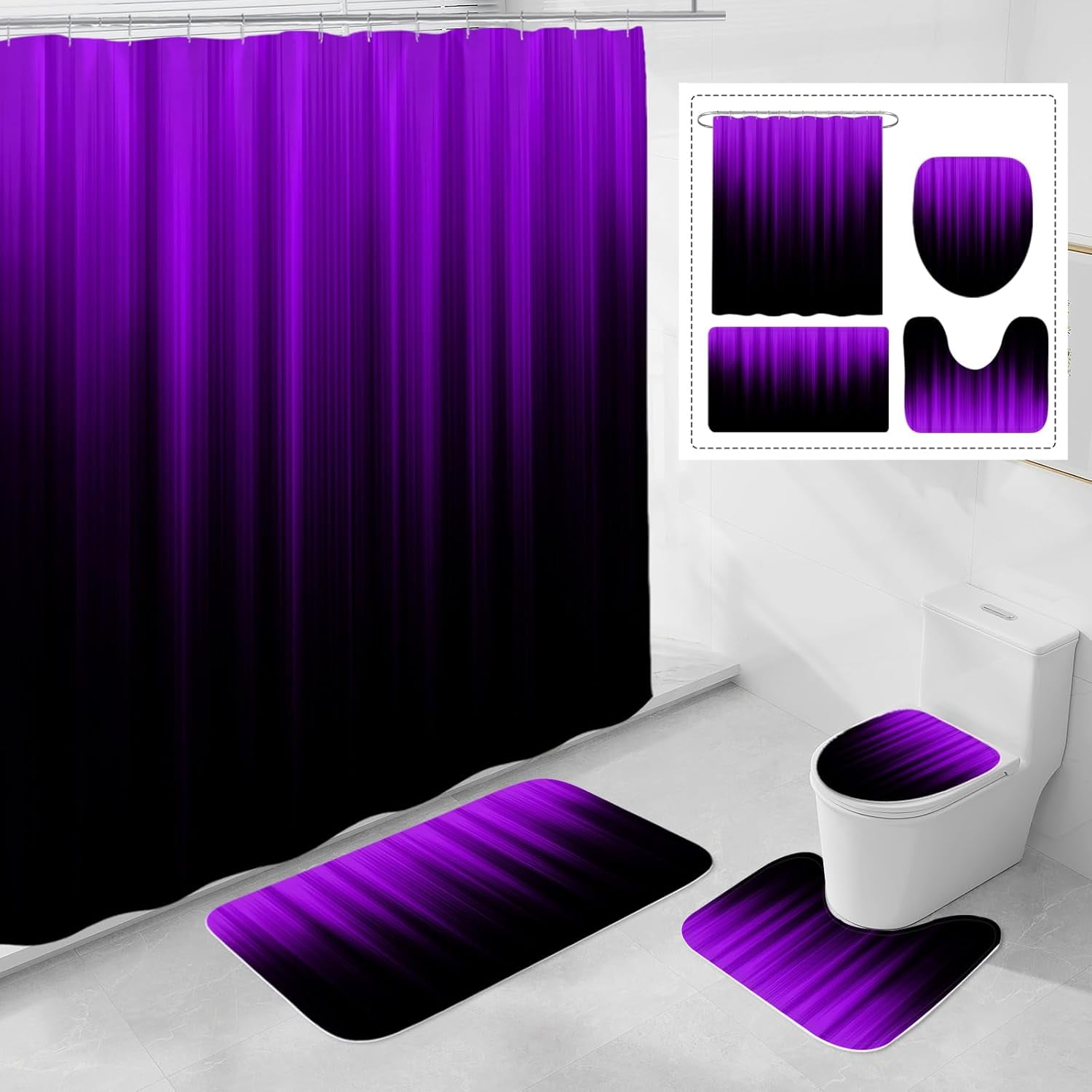 4 Pcs Purple and Black Gradient Shower Curtain Set with Rugs and Toilet Lid Cover, Modern Simple Waterproof Fabric Bathroom Set, Ombre Stripe Gothic Abstract Bathroom Decor Set Accessories