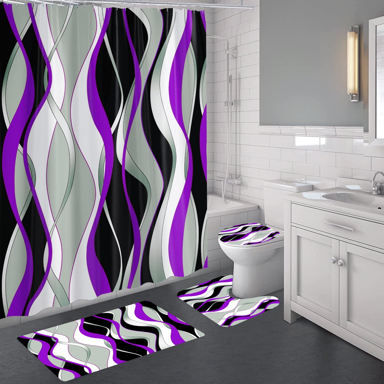 4 Pcs Purple and Black Striped Shower Curtain Set Grey and White Bathroom Sets with Shower Curtain and Rugs Modern Home Bathroom Decor Shower Curtains with Rugs and Toilet Lid Cover