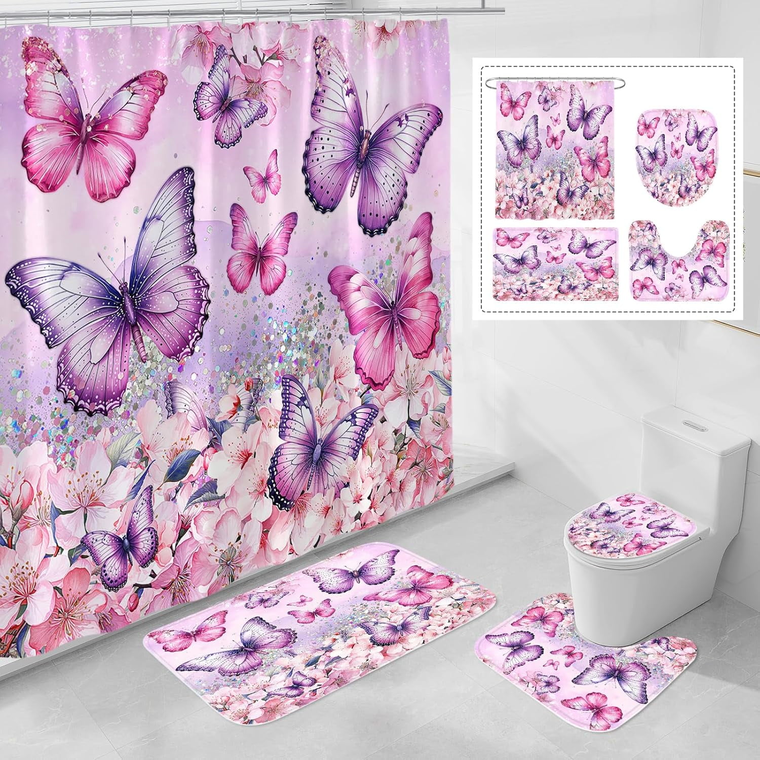 4 Pcs Purple Butterfly Shower Curtain Set with Non-Slip Rugs, Modern Toilet Lid Cover and Bath Mat, Floral Chic Bathroom Decor Set with Shower Curtain and Rugs