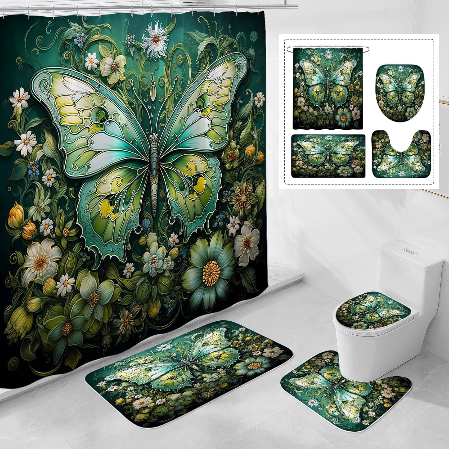 4 Pcs Purple Butterfly Shower Curtain Set with Non-Slip Rugs, Modern Toilet Lid Cover and Bath Mat, Floral Chic Bathroom Decor Set with Shower Curtain and Rugs