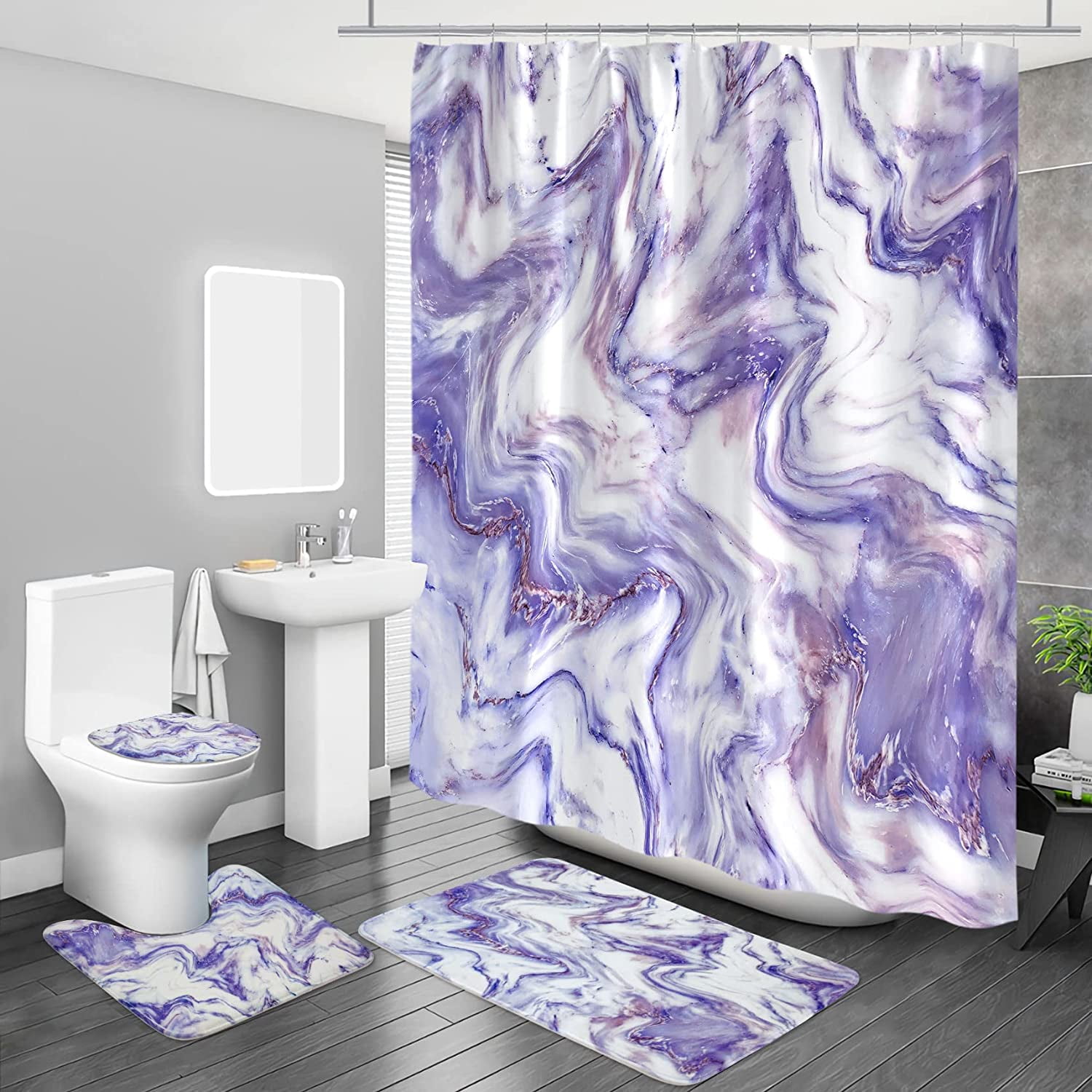4 Pcs Purple Marble Bathroom Sets with Shower Curtain and Rugs and